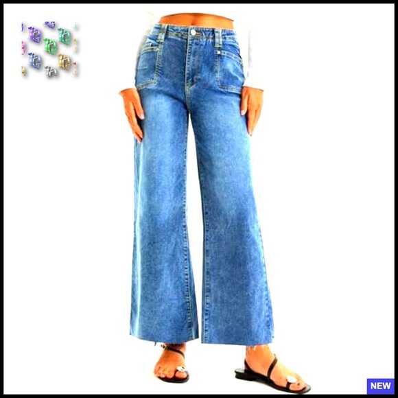 High Waisted Cropped Jeans Stretchy Baggy Straight Leg Raw Hem Denim Pants - Picture 5 of 6
